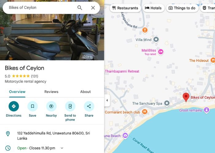 Motorcycle rental agency location map